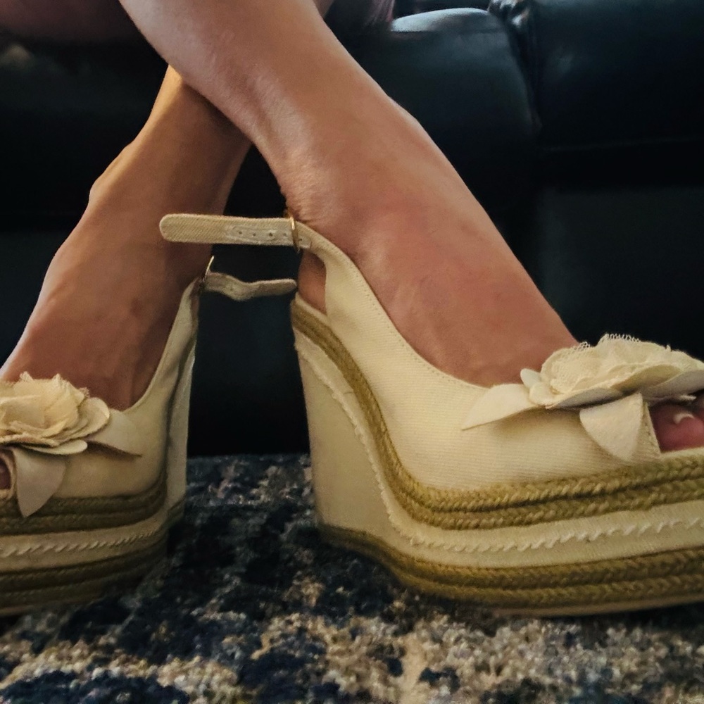 Bakers Cream Wedge Espadrilles with Floral Embellishment
